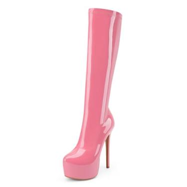 Imagem de Perisis Botas femininas com plataforma na altura do joelho, bico redondo, couro envernizado, salto alto, salto alto, com zíper lateral para mulheres elegantes, rosa, 38