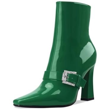 Imagem de Perisis Botas de cano curto, salto alto, grosso, preto, bico quadrado, fechado, curto, com zíper lateral, salto de 10 cm, padrão de crocodilo para mulheres e mulheres sexy, Patente verde, 36