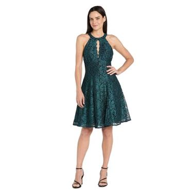 Imagem de R&M Richards Vestido Feminino Fit & Flare – Glitter Lace Scallop Halter Neck Vestido com Detalhe Fechadura – Ocasião Especial, Festa, Spruce/preto, 40
