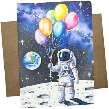 Imagem de Whitman and Daughter Cartão de aniversário de astronauta premium, 13 x 18 cm, papel de feltro texturizado, tema espacial com balões, feito nos EUA, envelope kraft incluído - 1317
