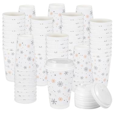 Imagem de Foxtell 100 peças de copos de café de Natal de 473 ml com tampas brancas, copos de papel descartáveis de floco de neve, copo de cacau quente isolado a granel para chá, bebidas, piqueniques, reuniões