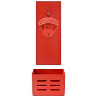 Imagem de Luwanburg Abridor de tampa de cerveja magnético vermelho montado na parede abridor de garrafa de ferro fundido com tampa removível caixa coletora placa de metal magneticamente presa na geladeira e