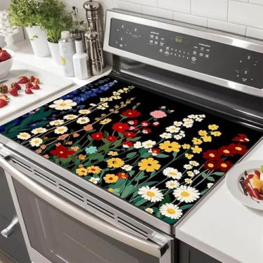 Imagem de HOMETITUTE Capa superior de fogão de flores silvestres para decoração de cozinha de diatomita elétrica de 71 x 50 cm, protetor de fogão de vidro resistente ao calor, tapete de bancada com design