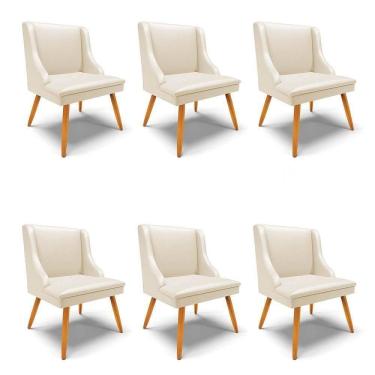 Imagem de Kit 6 Cadeiras Estofadas Para Sala De Jantar Pés Palito Lia Sintético Bege - Ibiza