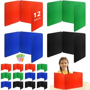 Imagem de 12 peças divisórias de mesa coloridas para estudantes, divisórias de teste de plástico durável à prova d'água, pastas de privacidade para sala de aula, fácil de limpar, painel de privacidade de mesa