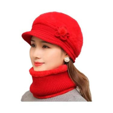 Imagem de Conjunto de Chapéu e Cachecol de Inverno Feminino - Malha Forrada com 