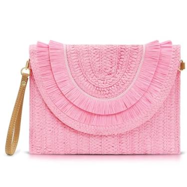 Imagem de QTKJ Bolsas transversais para mulheres, bolsas clutch de palha, pacote envelope de tecido boêmio feito à mão, bolsas de mão para mulheres, Rosa pálido
