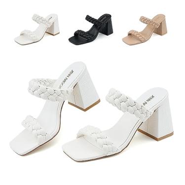 Imagem de JENN ARDOR Sandálias femininas de salto grosso, bico quadrado, com tiras trançadas, sandálias femininas de salto mules confortáveis, Branco, 7