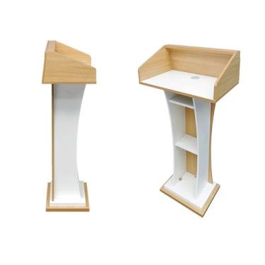Imagem de Púlpito de madeira para pódio, púlpito curvo de igreja com área de armazenamento multicamadas, mesa de pódio com armazenamento para igreja de palestrantes