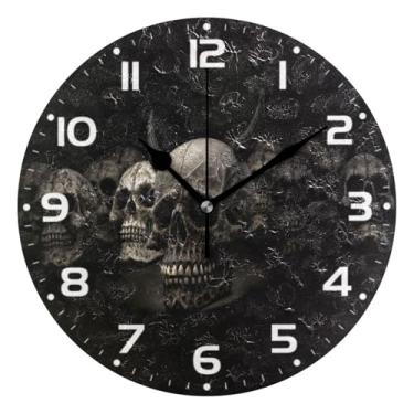 Imagem de JUZIHAI Relógio de parede de caveira preta de Halloween, silencioso, sem tique-taque, redondo, operado por bateria, fácil de ler, relógio decorativo de parede para casa, cozinha, sala de estar, quarto