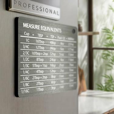 Imagem de Imã de geladeira equivalentes à medição da cozinha, tabela de conversão para copos, TBSP, TSP, onças fluidas, mililitros (cinza)