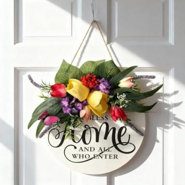 Imagem de Kathfly Placa de boas-vindas para a porta da frente Bless This Home and All Who Enter Placa de 30 cm Jesus Cristão Redondo Rústico Guirlanda de Madeira Pendurada na Parede Presente para Casa Primavera