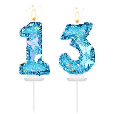 Imagem de Velas com números de aniversário, 7,5 cm/2,95 pol. Toppers de bolo de aniversário de borboleta azul numerais de casamento, decorações de cupcake para artigos de festa de aniversário (13º)