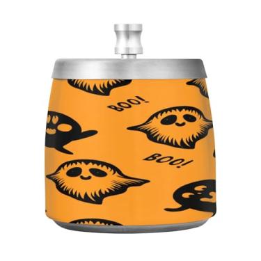 Imagem de Qilmy Cinzeiro de aço inoxidável fantasmas fofos de Halloween com tampa - Cinzeiro de cigarro à prova de vento sem cheiro sem fumaça para casa, escritório, carro, pátio, varanda (uso interno e externo