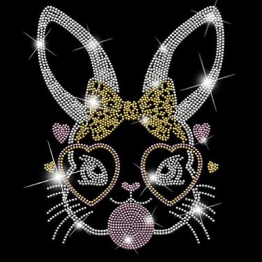 Imagem de SUPERDANT Adesivos de transferência de calor com cara de coelho e strass, coelhinho da Páscoa, faça você mesmo, decalques de strass brilhantes para camisetas, roupas, moletons com capuz, arte
