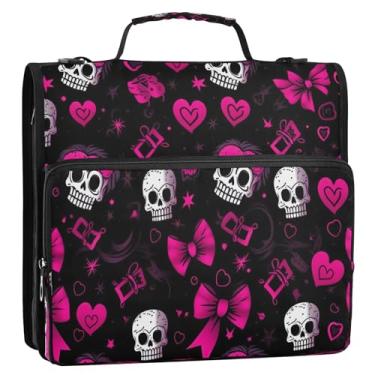 Imagem de Wassud Fichário romântico com zíper de caveira com 3 anéis com alça de ombro e alça de vários bolsos, organizador de pastas expansíveis