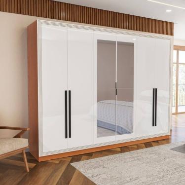 Imagem de Guarda Roupa Roupeiro 6 portas 4 gavetas com Espelho Valência Freijó Branco Politorno Móveis