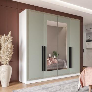 Imagem de Guarda Roupa Roupeiro 4 portas 4 gavetas com Espelho Valência Branco Verde Politorno Móveis