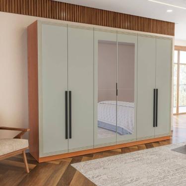 Imagem de Guarda Roupa Roupeiro 6 portas 4 gavetas com Espelho Valência Freijó Verde Politorno Móveis