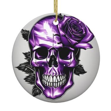 Imagem de Pingente redondo de cerâmica de Natal com estampa de rosa roxa e caveira, pingentes de porcelana, decoração criativa de Natal