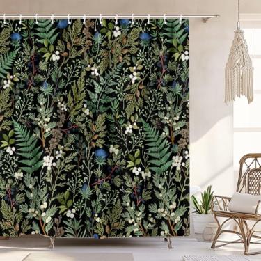 Imagem de Cortina de chuveiro botânica vintage, elegante boho gótico, samambaias verde-escuras, folhas florais, cortina de chuveiro para banheiro, cortina de casa de campo extravagante retrô com flores