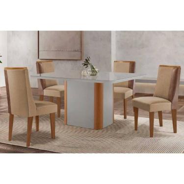 Imagem de Mesa Cozinha Pietá c/ Tampo Madeirado c/ Vidro Canto Curvo 120x80cm e 4 Cadeiras Tilia Madeira Maciça Naturale/Off White - Capuccino/Linho Bege-Rufato