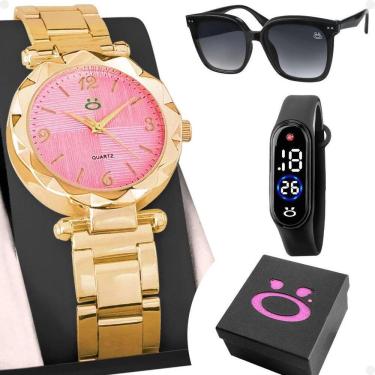 Imagem de Relogio Feminino Rosa + Bracelete Digital Delicado Mostrador
