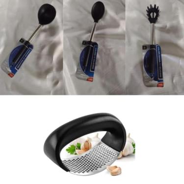 Imagem de kit utensílios de cozinha silicone inox preto concha colher de arroz pegador de macarrão amassador de alho