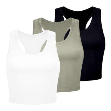 Imagem de 3 peças regatas femininas de algodão básicas costas nadador sem mangas esportivas para treino, Tops de verão azul-escuro, P