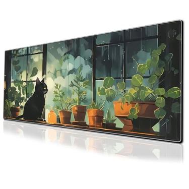 Imagem de Tapete de mouse para jogos de gato preto fofo com plantas verdes, tapete de mesa grande, mousepad de 80 x 29 cm, base de borracha antiderrapante, com bordas costuradas para mesa, escritório em casa