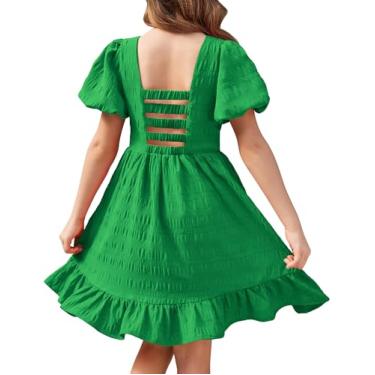 Imagem de Arshiner Vestido feminino frente única manga curta gola quadrada bainha babados vestidos elegantes, Verde, 8