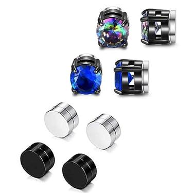 Imagem de SIISPRI 4 pares de brincos magnéticos masculinos de aço inoxidável com clipe sem piercing unissex CZ para homens 6 mm, Aço inoxidável, Zircônia cúbica