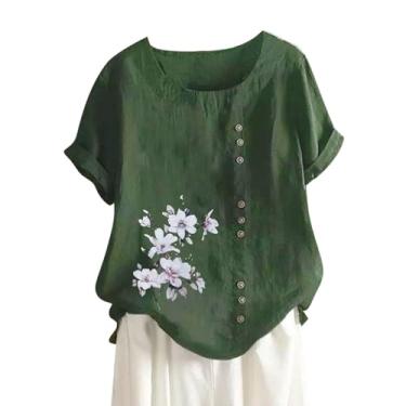 Imagem de Blusa feminina de linho com botões e estampa de flores de verão 2024 casual de manga curta blusas modernas, Verde, G