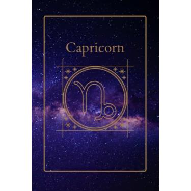 Imagem de Diário diário livro de feitiços, livro de sombras, zodíaco, capricórnio, roxo, azul, preto, galáxia, estrelas