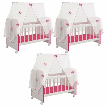 Imagem de Kit 3 Berços Para Boneca Brinquedo Infantil Branco Rosa