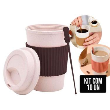 Imagem de Kit 10 Copos de Café e Chá 450ml com Tampa Mexedor Fibra de Bambu PP S