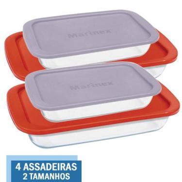 Imagem de Kit 4 Assadeiras Retangular Vidro C Tampa 1,6L 2,9L Marinex