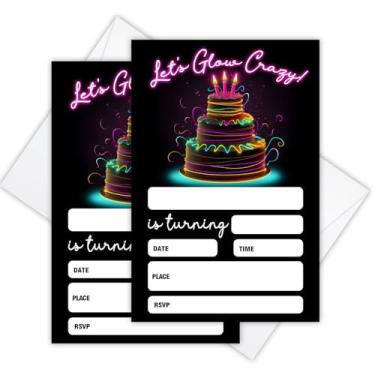 Imagem de Convites de aniversário neon para meninos e meninas, convites de festa de aniversário Let's Glow Crazy para 20 convites de aniversário com envelopes, cartões de convite de aniversário para crianças