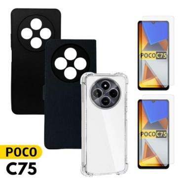 Imagem de Kit Completo Para Poco C75 Carteira + Capa Preta + Transparente + 2 Pe