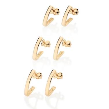 Imagem de Kit Brincos Meia Argola Rommanel Banhados A Ouro 18k Presente Feminino