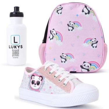 Imagem de Kit Tênis Infantil Feminino Panda Casual + Mochila Garrafinha - LUKYS 