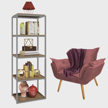 Imagem de Kit Poltrona Fatte com Manta Soft Bordô e Estante Livreiro Ferro Cinza mdf Imbuia Suede Rose Gold - Ahz Móveis