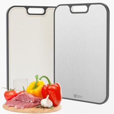 Imagem de Tábua de corte de titânio, tábua de corte dupla face, 38 x 25 cm, 100% puro titânio e palha de trigo, PP, tábuas de corte de carne grandes com ranhura para carne, legumes, cozinha, casa, lavável na