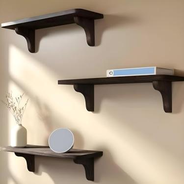 Imagem de Prateleiras de madeira real montadas na parede Prateleiras de madeira rústica com suportes - 43 cm (pacote com 3) - Fácil de instalar, modelo e vídeo incluídos - Prateleiras largas marrons para parede