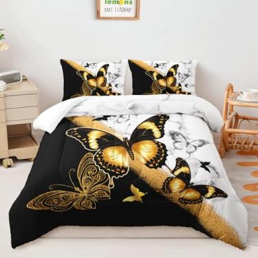 Imagem de AILONEN Conjunto de edredom de borboleta preta e dourada, tamanho casal, preto e branco, para meninos e meninas, edredom romântico com 2 fronhas, 3 peças