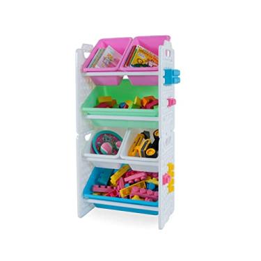 Imagem de UNiPLAY Organizador de brinquedos com 6 compartimentos de armazenamento removíveis, organizador de vários compartimentos para livros, blocos de construção, materiais escolares, brinquedos com moldura de placa de base (rosa)