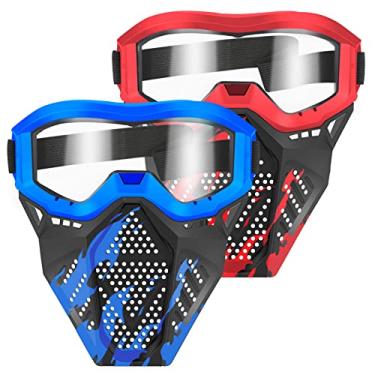 Imagem de Pacote com 2 máscaras táticas POKONBOY, máscara facial destacável com óculos compatíveis com Nerf Rival, Apollo, Zeus, Khaos, Atlas, Artemis e N-Strike Elite Blasters (vermelho e azul)