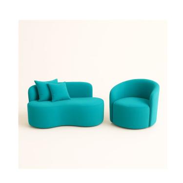 Imagem de Conjunto 01 Poltrona + Sofá Curvo Orgânico Nature Gaia Suede Azul Turquesa - Montanaris Decor