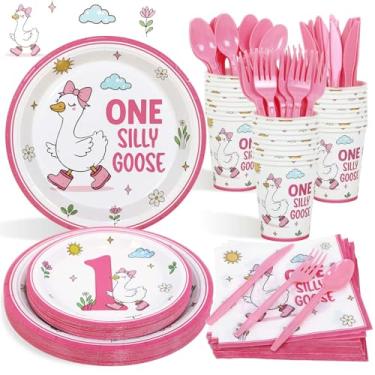 Imagem de Lopeastar 175Pcs One Silly Goose Birthday Decor Girl Plates Set, Silly Goose Pink Bow First Birthday Decorations for Girl Plates Napkins Cups and Cutlery 25 Guests