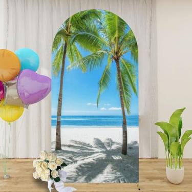 Imagem de Capa de praia tropical palmeiras mar 2,5 m para casamento arco de casamento elastano tecido elástico topo redondo capas de suporte para decoração de festa de aniversário de casamento